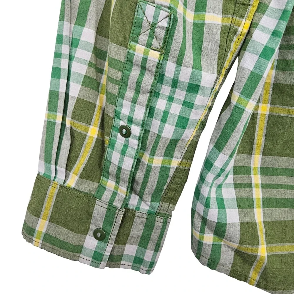 The North Face Mens Plaid Long Sleeve Snap Front Shirt Green White Yellow Medium